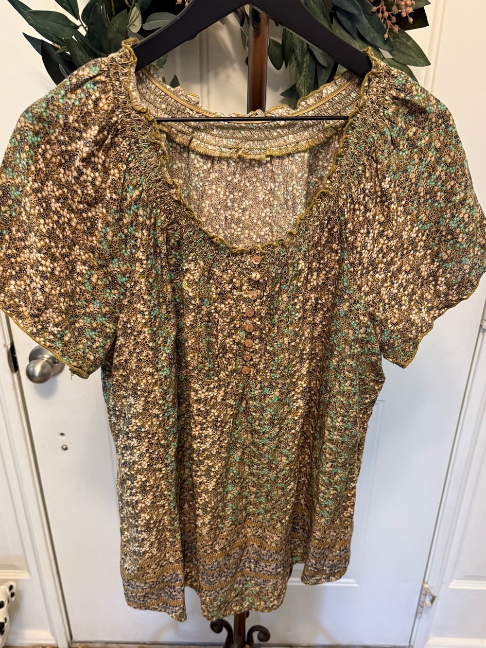 Bohemian Ditsy Floral Print Neutral Tone Peasant Style Popover Top SS XL 16-18